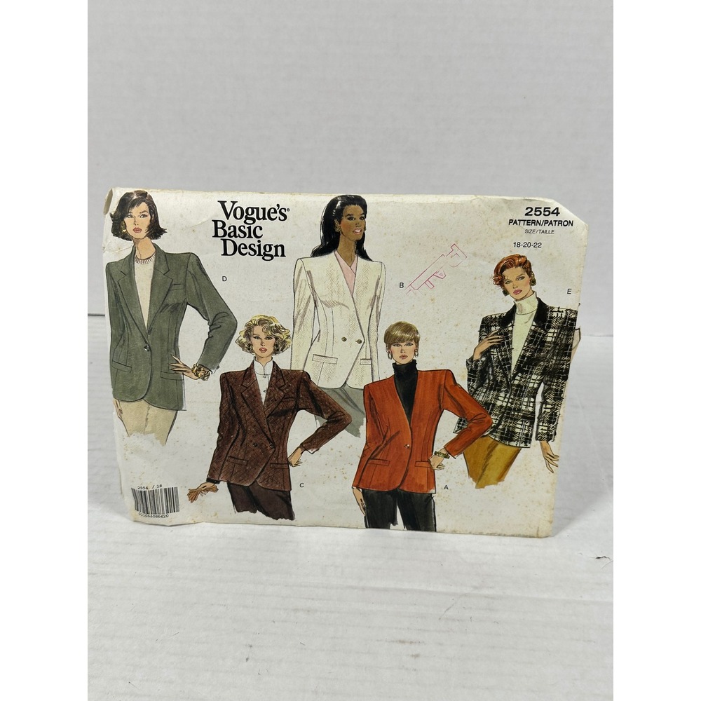 Vogue 2554 Misses Petite Jacket Blazer Sewing Pattern Size 18-20-22 Basic Design